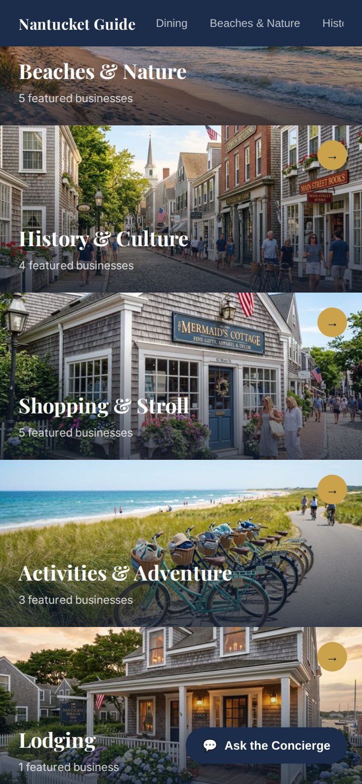 Nantucket Digital Guide sample screen with categories like Shopping and Lodging